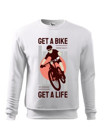 Biała, wkładana bluza męska bez kaptura, z kolorowym nadrukiem kolarza MTB oraz napisem Get A Bike, Get A Life.