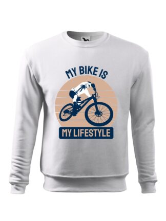 Biała, wkładana bluza męska bez kaptura, z kolorowym nadrukiem kolarza MTB oraz napisem My Bike Is My Lifestyle.