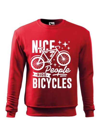 Czerwona, wkładana bluza męska bez kaptura, z grafiką roweru oraz czarnym napisem Nice People Ride Bicycles.