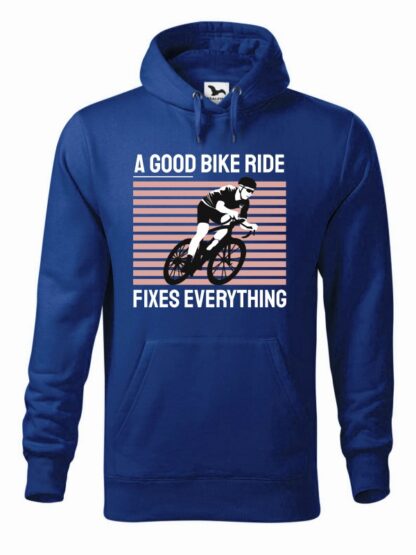 Niebieska, wkładana bluza męska typu „kangur”, z kolorowym nadrukiem kolarza szosowego oraz napis A Good Bike Ride Fixes Everything.
