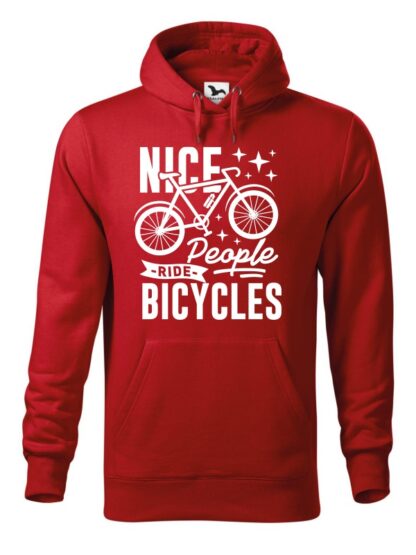 Czerwona, wkładana bluza męska typu „kangur”, z grafiką roweru oraz czarnym napisem Nice People Ride Bicycles.