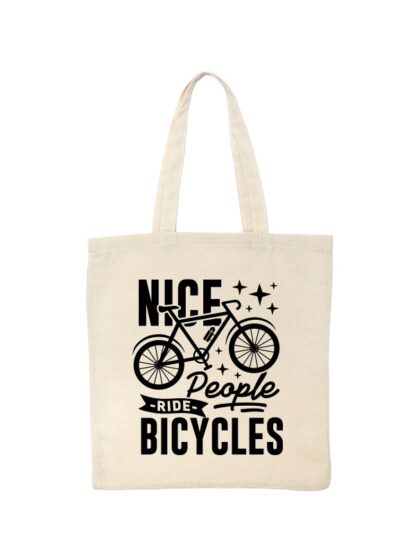 Ekotorba bawełniana w kolorze ecru z grafiką roweru oraz czarnym napisem Nice People Ride Bicycles.