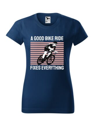 Granatowa koszulka damska z krótkim rękawem. Kolorowy nadruk kolarza szosowego oraz napis A Good Bike Ride Fixes Everything.