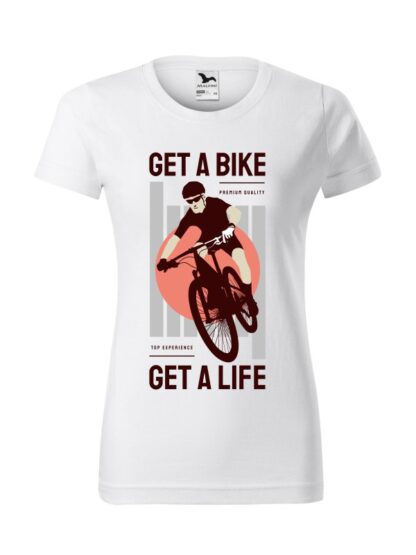 Biała koszulka damska z krótkim rękawem. Kolorowy nadruk kolarza MTB oraz napis Get A Bike, Get A Life.