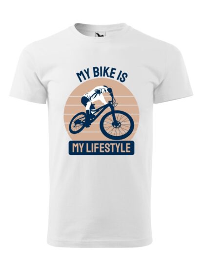 Biała koszulka męska z krótkim rękawem. Kolorowy nadruk kolarza MTB oraz napis My Bike Is My Lifestyle.