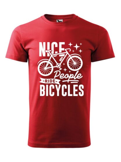 Czerwona koszulka męska z krótkim rękawem. Grafika z rowerem oraz czarnym napisem Nice People Ride Bicycles.
