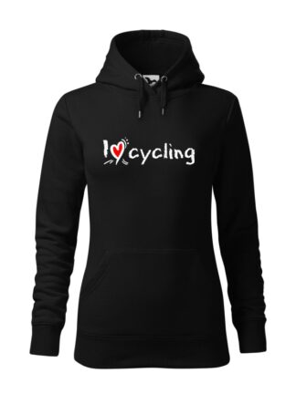 Czarna, wkładana bluza damska typu „kangur”, ze stylizowanym, białym napisem I Love Cycling.