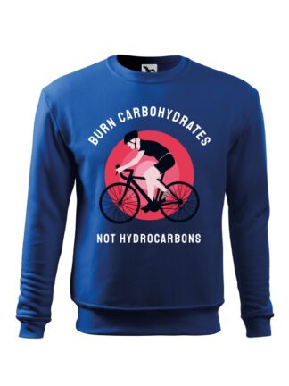 Niebieska, wkładana bluza męska bez kaptura, z kolorowym nadrukiem kolarza szosowego oraz napisem Burn Carbohydrates, Not Hydrocarbons.