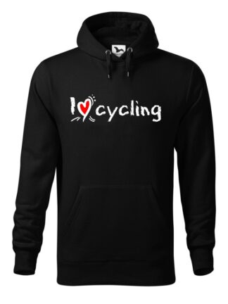 Czarna, wkładana bluza męska typu „kangur”, ze stylizowanym, białym napisem I Love Cycling.