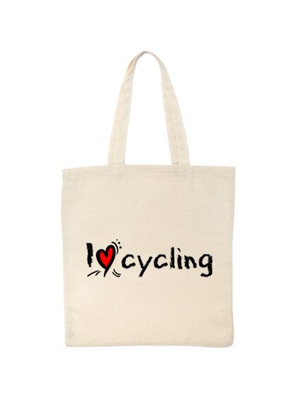 Ekotorba bawełniana w kolorze ecru ze stylizowanym, czarnym napisem I Love Cycling.