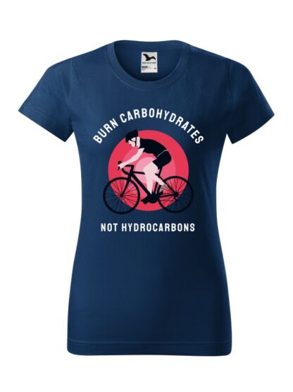 Granatowa koszulka damska z krótkim rękawem. Kolorowy nadruk kolarza szosowego oraz napis Burn Carbohydrates, Not Hydrocarbons.
