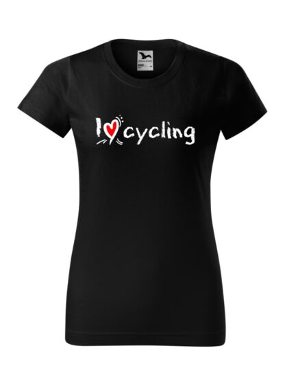 Czarna koszulka damska z krótkim rękawem oraz stylizowanym, białym napisem I Love Cycling.