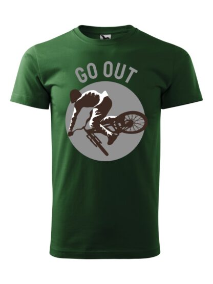 Zielona koszulka męska z krótkim rękawem. Nadruk kolarza MTB oraz napis Go Out.