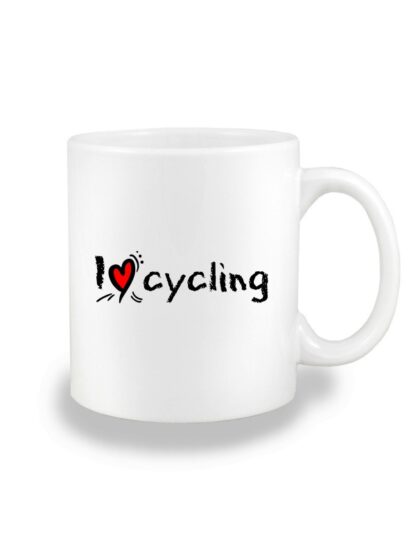 Biały kubek ceramiczny ze stylizowanym, czarnym napisem I Love Cycling.