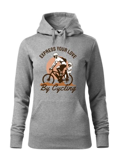 Szara, wkładana bluza damska typu „kangur”, z kolorowym nadrukiem rowerzysty z dzieckiem w siedzisku. Grafika opatrzona napisem Express Your Love By Cycling.