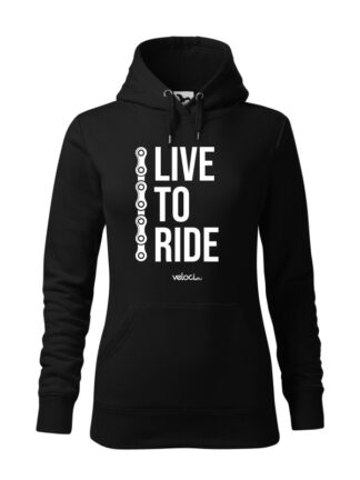 Czarna, wkładana bluza damska typu „kangur”, z białym napisem Live To Ride w towarzystwie fragmentu łańcucha rowerowego.