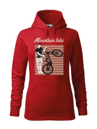 Czerwona, wkładana bluza damska typu „kangur”. Czarno-brązowo-beżowy nadruk kolarza trzymającego rower MTB oraz napis Mountain Bike.