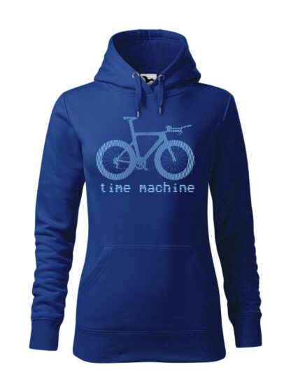 Niebieska, wkładana bluza damska typu „kangur”, z błękitną grafiką roweru czasowego oraz napisem Time Machine.