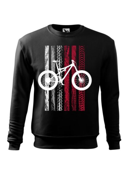 Czarna bluza męska z nadrukiem roweru MTB na tle flagi Polski. Flaga utworzona jest ze śladów opon rowerowych. Bluza wkładana, bez kaptura.