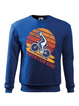 Niebieska, wkładana bluza męska bez kaptura, z utrzymanym w ciepłej tonacji nadrukiem kolarza szosowego wspinającego się na wzniesienie. Grafika z napisem Mountain Ride.