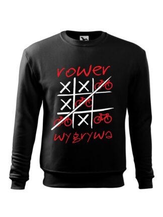 Czarna, wkładana bluza męska bez kaptura, z czerwono-białym nadrukiem Rower Wygrywa. Na nadruku ilustracja pola do gry w kółko i krzyżyk, z symbolem roweru zastępującym koło.