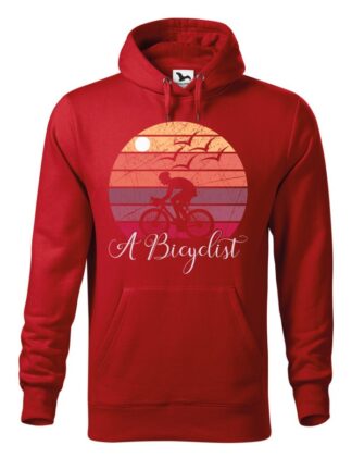 Czerwona, wkładana bluza męska typu „kangur”, z kolorowym nadrukiem kolarza szosowego oraz napisem A Bicyclist.
