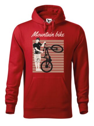 Czerwona, wkładana bluza męska typu „kangur”. Czarno-brązowo-beżowy nadruk kolarza trzymającego rower MTB oraz napis Mountain Bike.