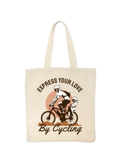 Ekotorba bawełniana w kolorze ecru z kolorowym nadrukiem rowerzysty z dzieckiem w siedzisku. Grafika opatrzona napisem Express Your Love By Cycling.