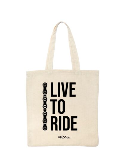 Ekotorba bawełniana w kolorze ecru z czarnym napisem Live To Ride w towarzystwie fragmentu łańcucha rowerowego.