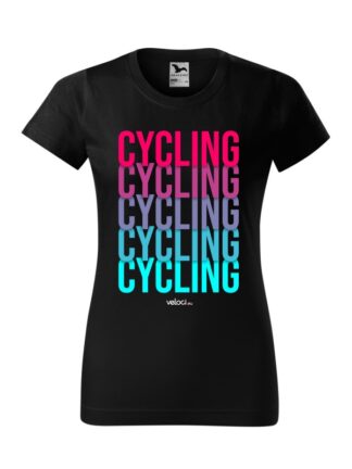 Czarna koszulka damska z krótkim rękawem i kolorowymi napisami Cycling.