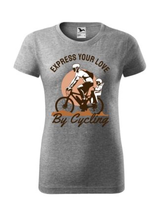 Szara koszulka damska z krótkim rękawem i kolorowym nadrukiem rowerzysty z dzieckiem w siedzisku. Grafika opatrzona napisem Express Your Love By Cycling.