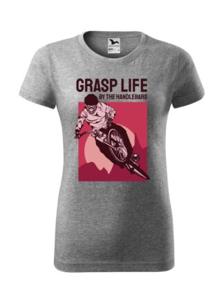 Szara koszulka damska z krótkim rękawem. Monochromatyczny, bordowy nadruk kolarza downhill oraz napis Grasp Life By The Handlebars.