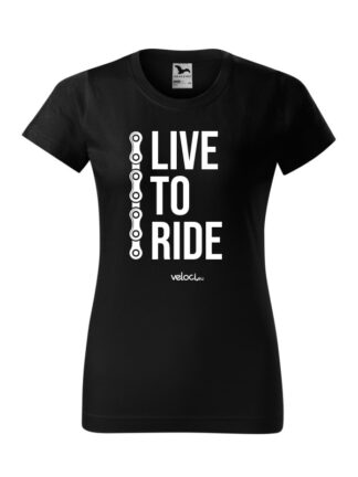 Czarna koszulka damska z krótkim rękawem i białym napisem Live To Ride w towarzystwie fragmentu łańcucha rowerowego.