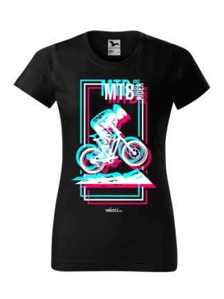 Czarna koszulka damska z krótkim rękawem i kolorowym, imitującym nadrukuk anaglifowy, wizerunkiem kolarza MTB oraz napisem MTB Rider. Grafika w prostokątnej ramce.