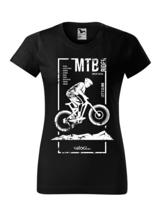 Czarna koszulka damska z krótkim rękawem i białym, poprzecieranym wizerunkiem kolarza MTB oraz napisem MTB Rider. Grafika w prostokątnej ramce.