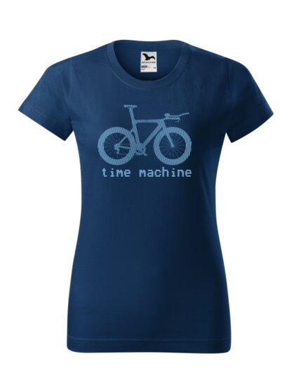 Granatowa koszulka damska z krótkim rękawem. Błękitna grafika roweru czasowego oraz napis Time Machine.