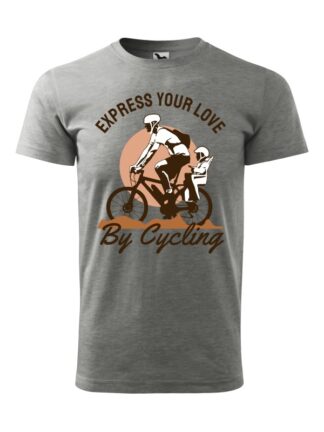 Szara koszulka męska z krótkim rękawem i kolorowym nadrukiem rowerzysty z dzieckiem w siedzisku. Grafika opatrzona napisem Express Your Love By Cycling.