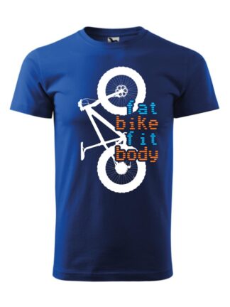 Niebieska koszulka męska z krótkim rękawem i nadrukiem roweru typu Fat Bike oraz napisem Fat Bike – Fit Body.