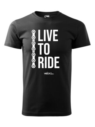 Czarna koszulka męska z krótkim rękawem i białym napisem Live To Ride w towarzystwie fragmentu łańcucha rowerowego.