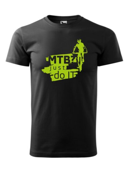 Czarna koszulka męska z krótkim rękawem. Zielony nadruk kolarza MTB oraz napis MTB? Just Do It.