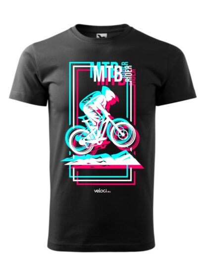 Czarna koszulka męska z krótkim rękawem i kolorowym, imitującym nadrukuk anaglifowy, wizerunkiem kolarza MTB oraz napisem MTB Rider. Grafika w prostokątnej ramce.