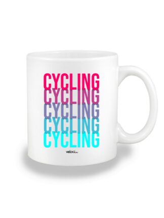Biały kubek ceramiczny z kolorowymi napisami Cycling.