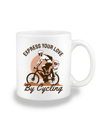 Biały kubek ceramiczny z kolorowym nadrukiem rowerzysty z dzieckiem w siedzisku. Grafika opatrzona napisem Express Your Love By Cycling.