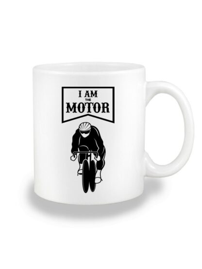 Biały kubek ceramiczny z czarnym nadrukiem kolarza torowego oraz napisem I Am The Motor.