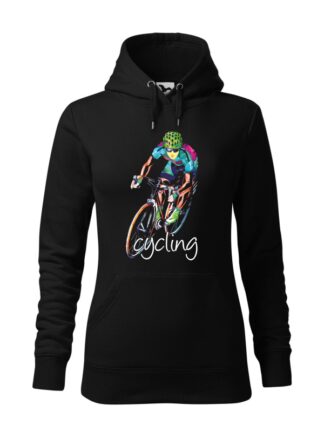 Czarna, wkładana bluza damska typu „kangur”, z kolorowym, geometrycznym wizerunkiem kolarza szosowego oraz białym napisem Cycling.