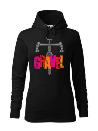 Czarna, wkładana bluza damska typu „kangur”, z kolorową grafiką roweru typu gravel oraz postrzępionym napisem Gravel.