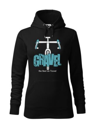 Czarna, wkładana bluza damska typu „kangur”, z biało-niebieską grafiką roweru typu gravel oraz napisem Gravel, the Best on Travel.