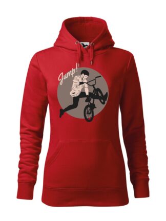 Czerwona, wkładana bluza damska typu „kangur”, ze stonowanym nadrukiem rowerzysty BMX wykonującego ewolucję. Nad grafiką napis Jump.