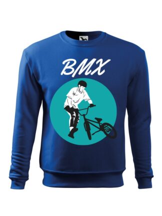 Niebieska, wkładana bluza męska bez kaptura, z biało-czarno-turkusowym nadrukiem kolarza BMX oraz napisem BMX.