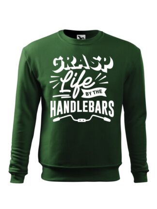 Zielona, wkładana bluza męska bez kaptura, z białym, stylizowanym napisem Grasp Life By The Handlebars.